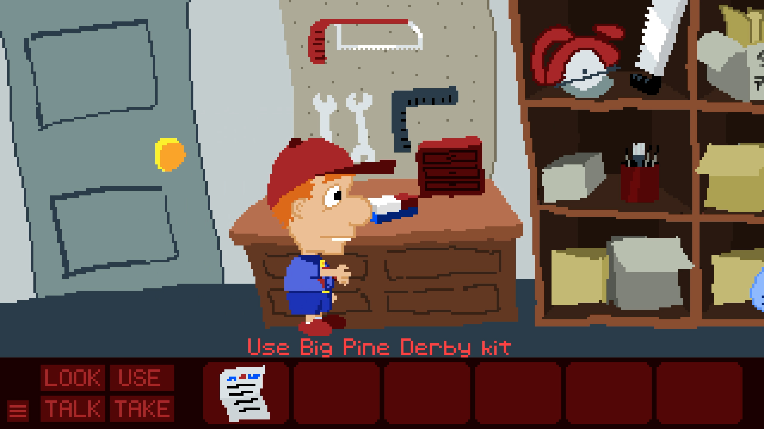 Screenshot from Big Pine Derby showing Henry working on his car