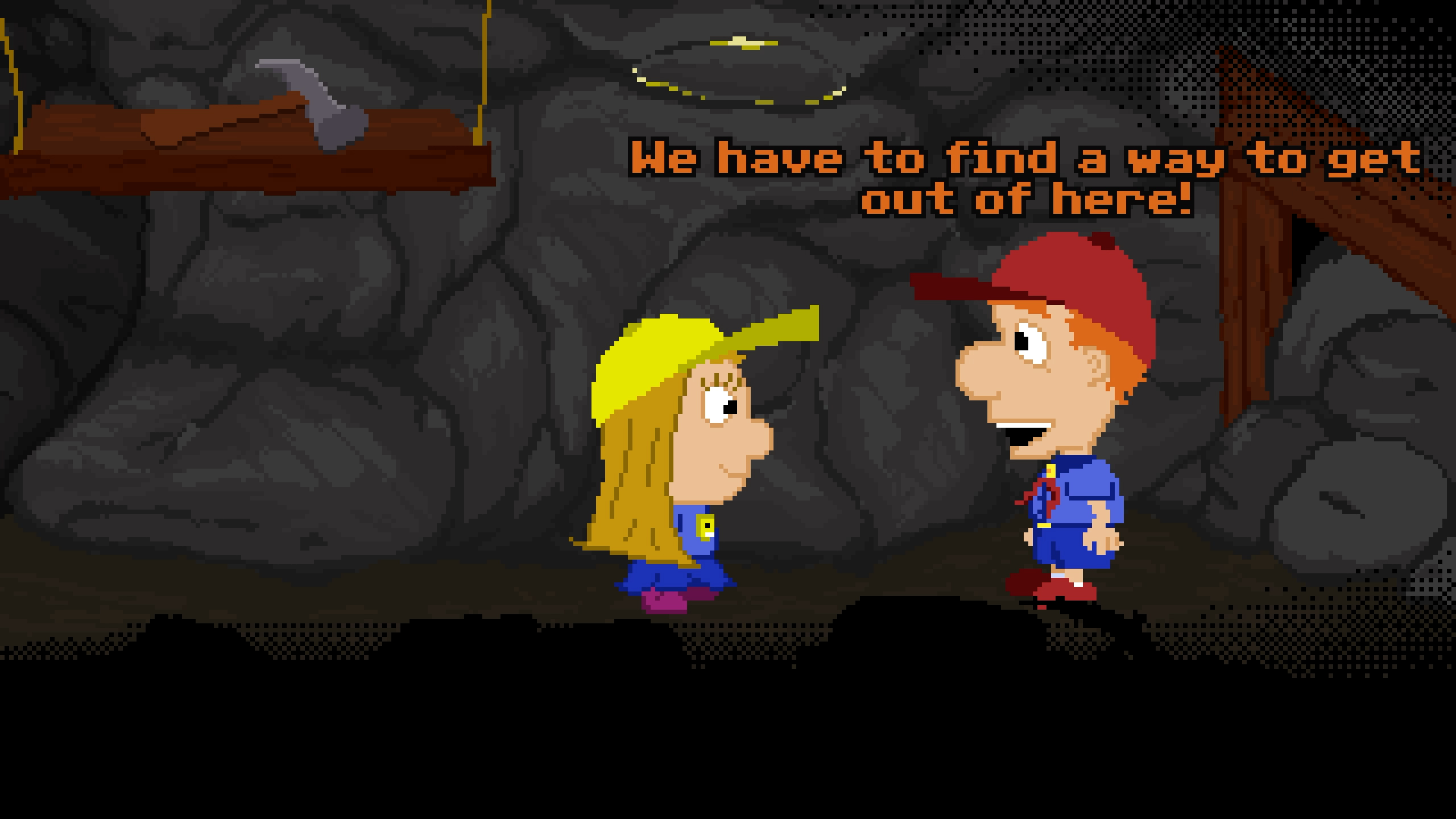 Screenshot from Big Cave In showing Henry and Penny in a mine shaft
