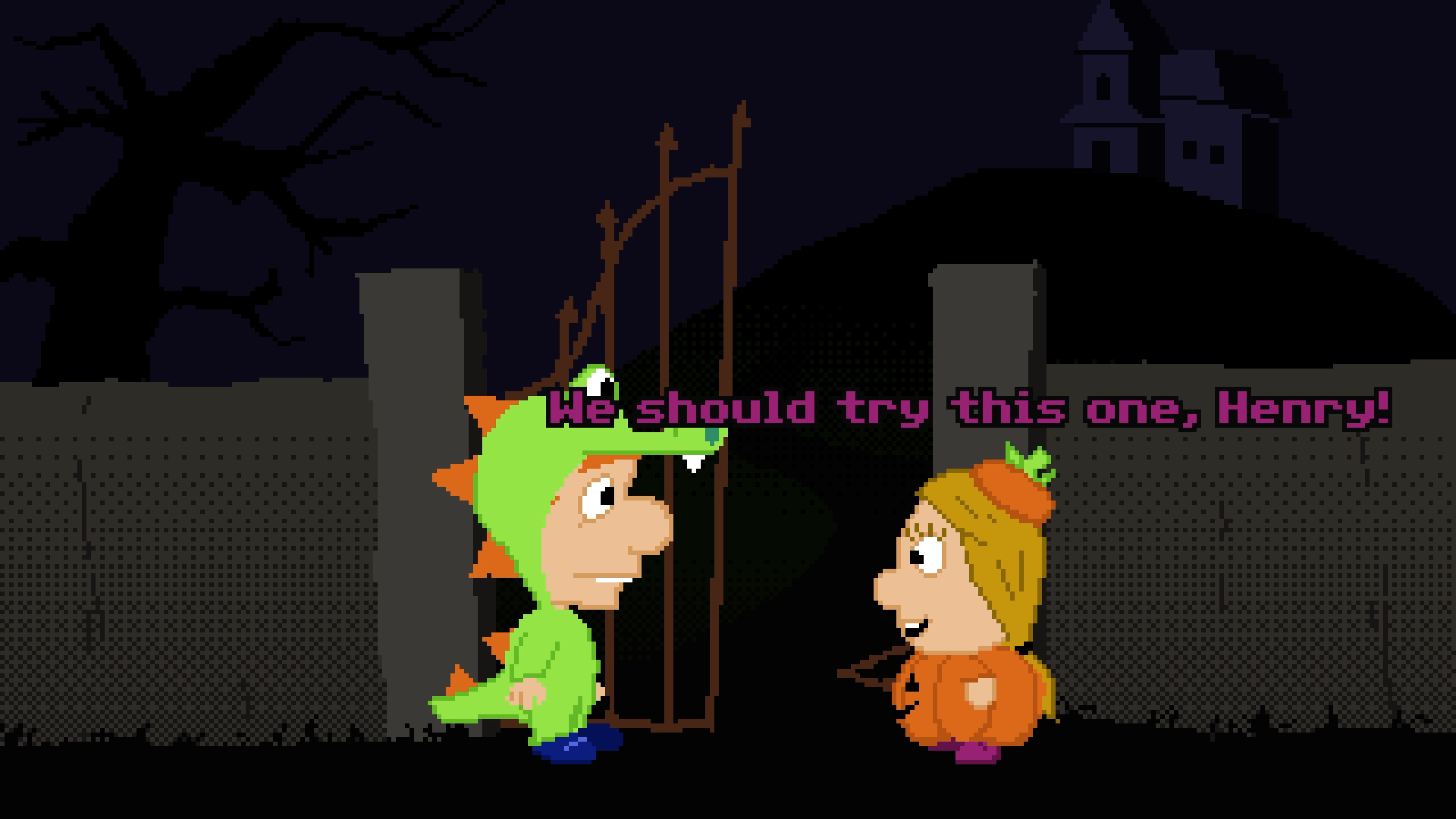 Screenshot from Big Spooky Mansion showing Henry and Penny trick-or-treating