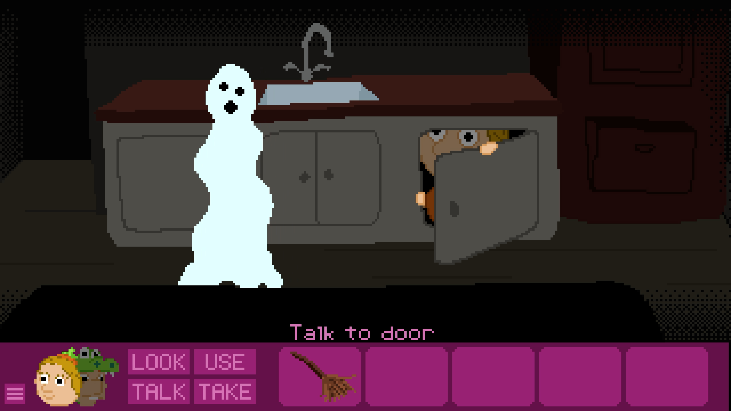 Screenshot from Big Spooky Mansion showing Penny hiding from a ghost